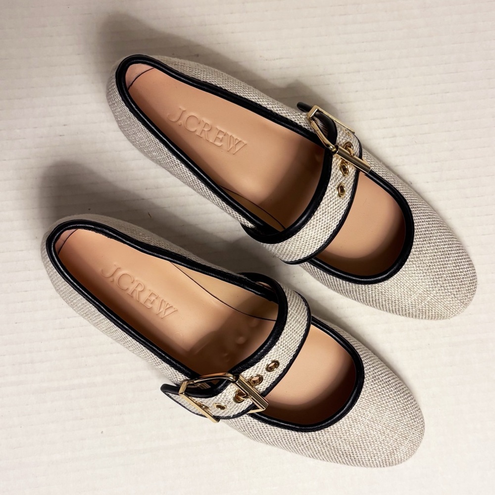 NWOB J. Crew Teagan Mary Jane Heels in Spanish Canvas Cream & Black - Picture 9 of 10